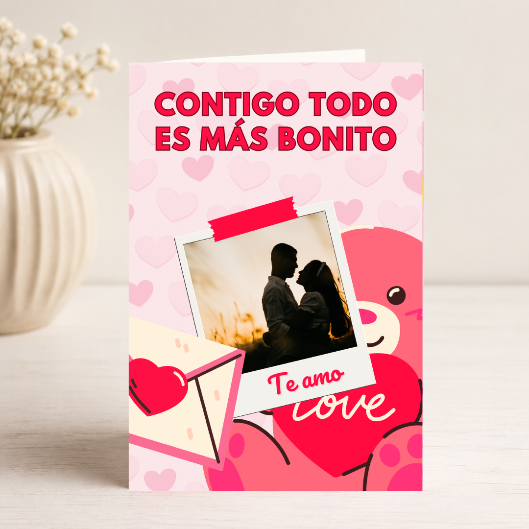 $1 / Tarjeta Musical Imprimible de Amor Romántica + Sorpresa Interactiva QR (Edición Contigo Todo es Más Bonito & Pink Teddy Bear)