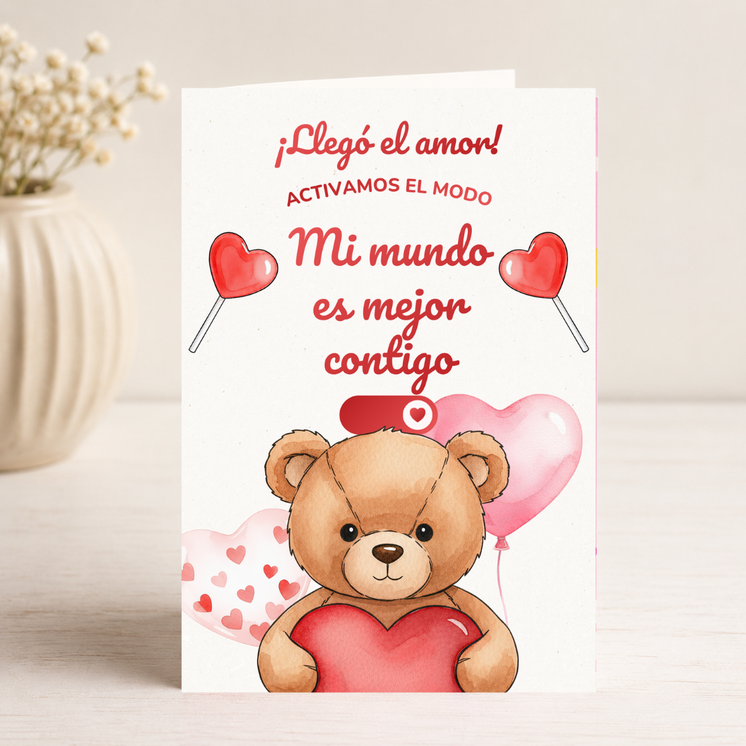 $1 / Tarjeta Musical Imprimible de Amor Romántica + Sorpresa Interactiva QR (Edición Modo Mi Mundo Es Mejor Contigo & Watercolor Teddy)