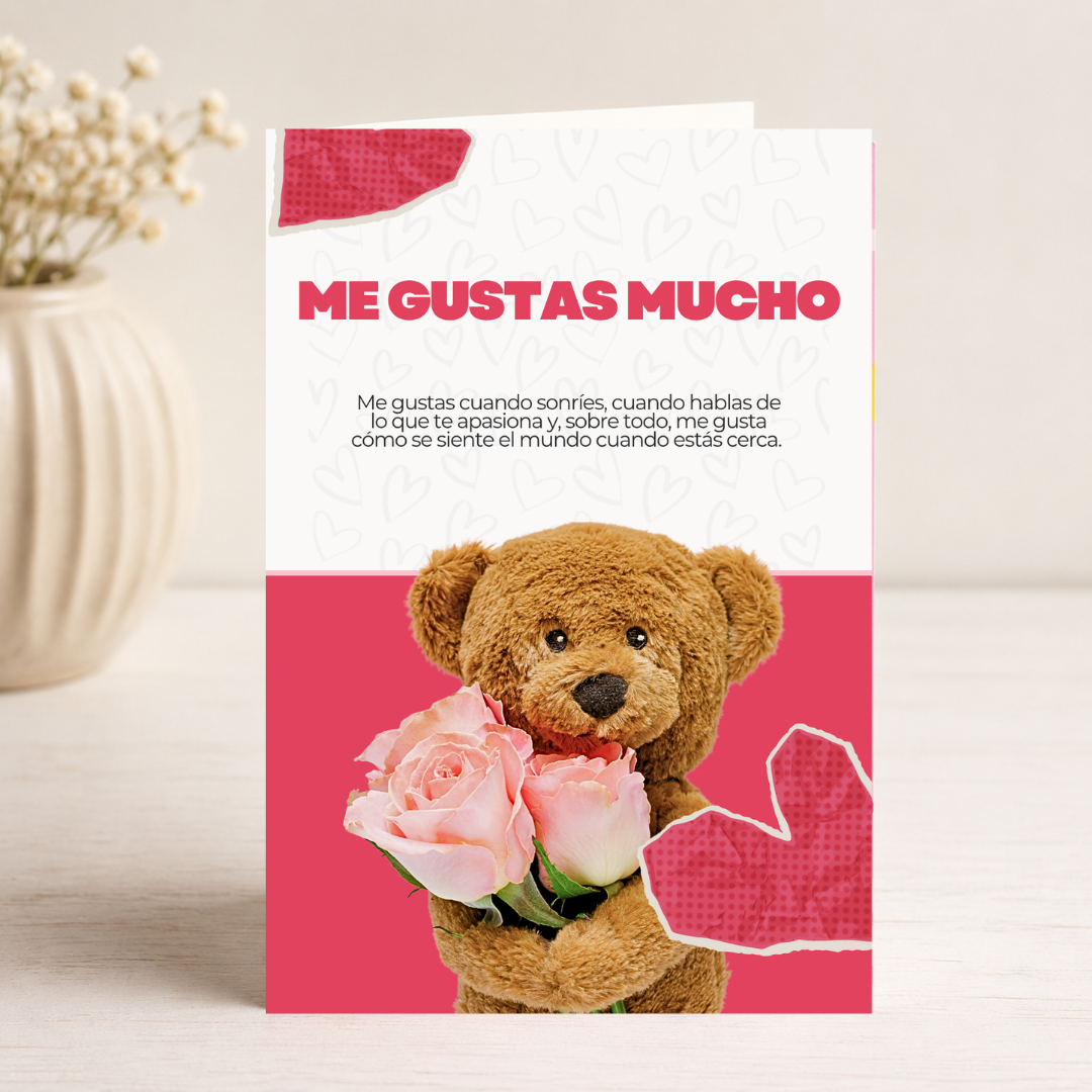 $1 / Tarjeta Musical Imprimible de Amor Romántica + Sorpresa Interactiva QR (Edición Me Gustas Mucho & Real Teddy with Pink Roses)