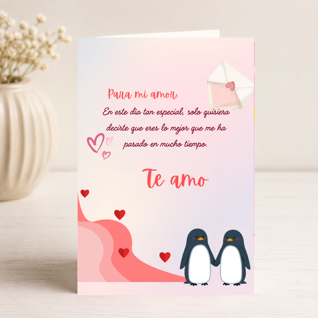 $1 / Tarjeta Musical Imprimible de Amor Romántica + Sorpresa Interactiva QR (Edición Para Mi Amor & Enamorados Pingüinos)