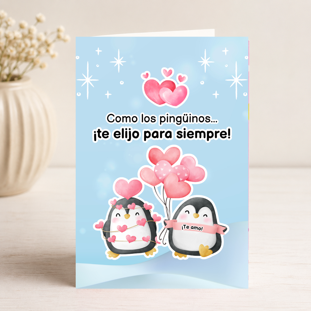 $1 / Tarjeta Musical Imprimible de Amor Romántica + Sorpresa Interactiva QR (Edición Como Los Pingüinos & Watercolor Penguins)